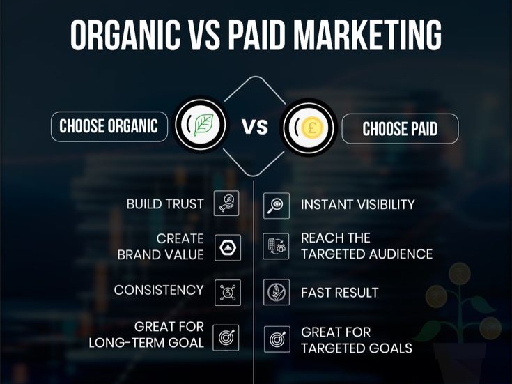 Organic vs paid marketing comparison highlighting long-term growth vs instant results