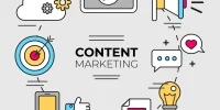 Content marketing concept showing video content, audience engagement, social media, and digital marketing tools